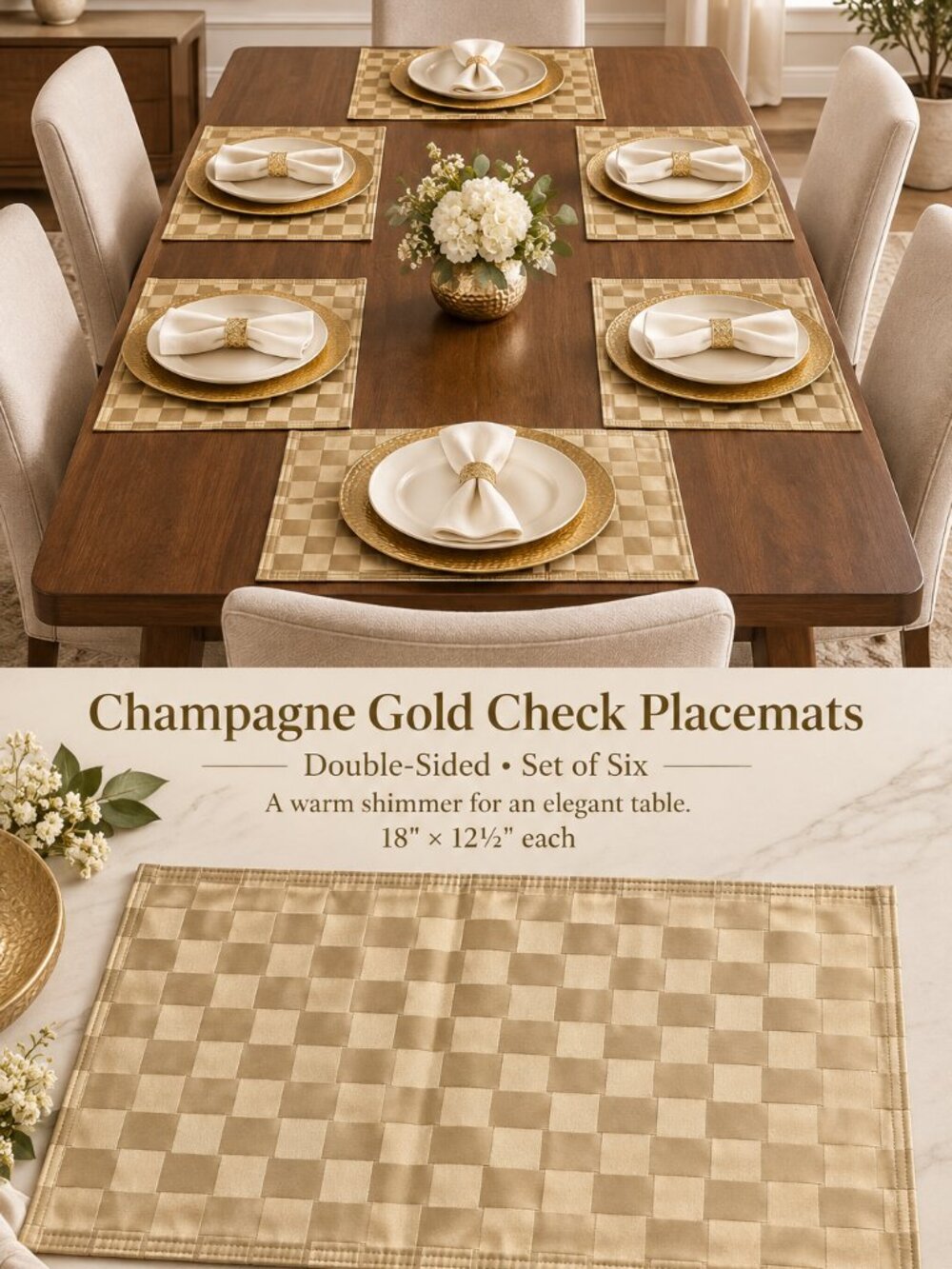 Champagne Gold Double-Sided Check Placemats — Set of Six